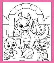 Lucas & Brody Playing with Dragon Coloring Page showing the friends enjoying a playful adventure with a friendly dragon.