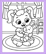 Ruby playing with a cute baby rabbit on a fun Baby Animals Coloring Page for kids to print and color.