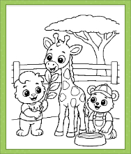 Lucas and Brody feeding a baby giraffe on a cute Baby Animals Coloring Page for kids to print and color.