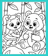 Ruby sharing bamboo with a friendly panda on a Wild Animals Coloring Page for kids to print and color.