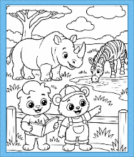 Lucas and Brody watch a rhinoceros and zebra near a pond on a Wild Animals Coloring Page for kids.