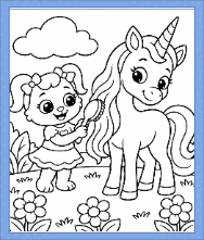 Ruby brushing a unicorn's long flowing mane in a flower-filled meadow on a Unicorn Coloring Page for kids.