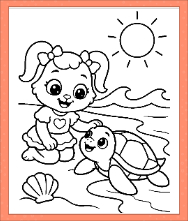 Ruby kneeling beside a smiling sea turtle with ocean waves, sunshine, and a seashell on an Ocean Animals Coloring Page.