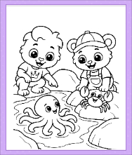 Lucas and Brody explore a rocky tide pool with a smiling octopus and little crab on an Ocean Animals Coloring Page.