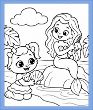 Mermaid Coloring Page featuring Ruby holding a seashell beside a mermaid with long wavy hair sitting on a rock