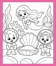 Mermaid Coloring Page showing Lucas and Brody swimming underwater with young mermaids in a playful ocean scene