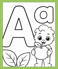 Alphabet Coloring Page featuring uppercase A, lowercase a, and Lucas holding an apple for kids to color and learn