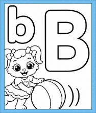 Alphabet Coloring Page featuring uppercase B, lowercase b, and Ruby rolling a ball in a simple kids learning scene