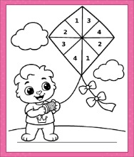 Color by Number Coloring Page featuring Lucas flying a kite with numbers inside each triangle for kids to color