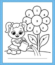 Color by Number Coloring Page showing Ruby watering a numbered flower with a color key for petals and leaves
