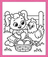 Ruby and Bows Coloring Page showing Ruby beside a basket of eggs with a chicken, wooden fence, and grass