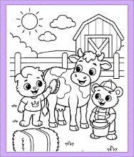Smiling Cow Coloring Page with Lucas and Brody standing beside the cow in a cheerful farm setting