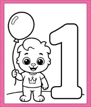 Number 1 Coloring Page showing Lucas holding a balloon beside a large outlined bubble-style number 1
