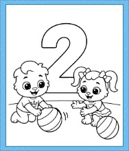 Number 2 coloring page with a bold bubble outline and two smiling kids playing with a ball beside an extra ball