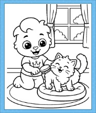 Lucas gently strokes a fluffy kitten sitting on a cushion beside a curtained window in this cat coloring page.