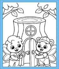 Lucas holds a star wand while Lucas and Brody wear fairy wings beside a tree-trunk house with a round window, wooden door