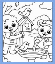 Lucas holding a birdhouse while Brody fills a birdbath with two birds in a peaceful garden coloring page.