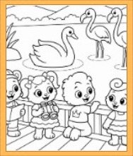 Lucas and Friends birdwatching coloring page with a swan, two flamingos, a wooden boardwalk, mountains, and a lake.