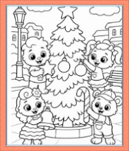 Lucas and Friends Christmas tree coloring page with Ruby, Lili, and Brody decorating ornaments in a town square.