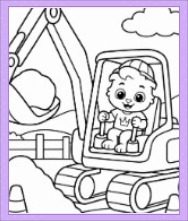 Lucas excavator coloring page showing Lucas smiling in the cabin, holding control levers beside a digging arm.