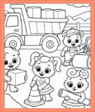 Lucas and Friends dump truck coloring page showing four friends, a dump truck, building block, tool, and traffic cone.