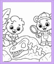 Lucas and Brody dinosaur fossil coloring page showing a skull, magnifying glass, rocks, and leafy plants.