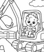 Construction Vehicles Coloring Pages featuring excavators, bulldozers, cranes, and dump trucks at a building site.
