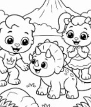 Dinosaur Coloring Pages featuring friendly T-Rex, Triceratops, Stegosaurus, and prehistoric scenes for kids.