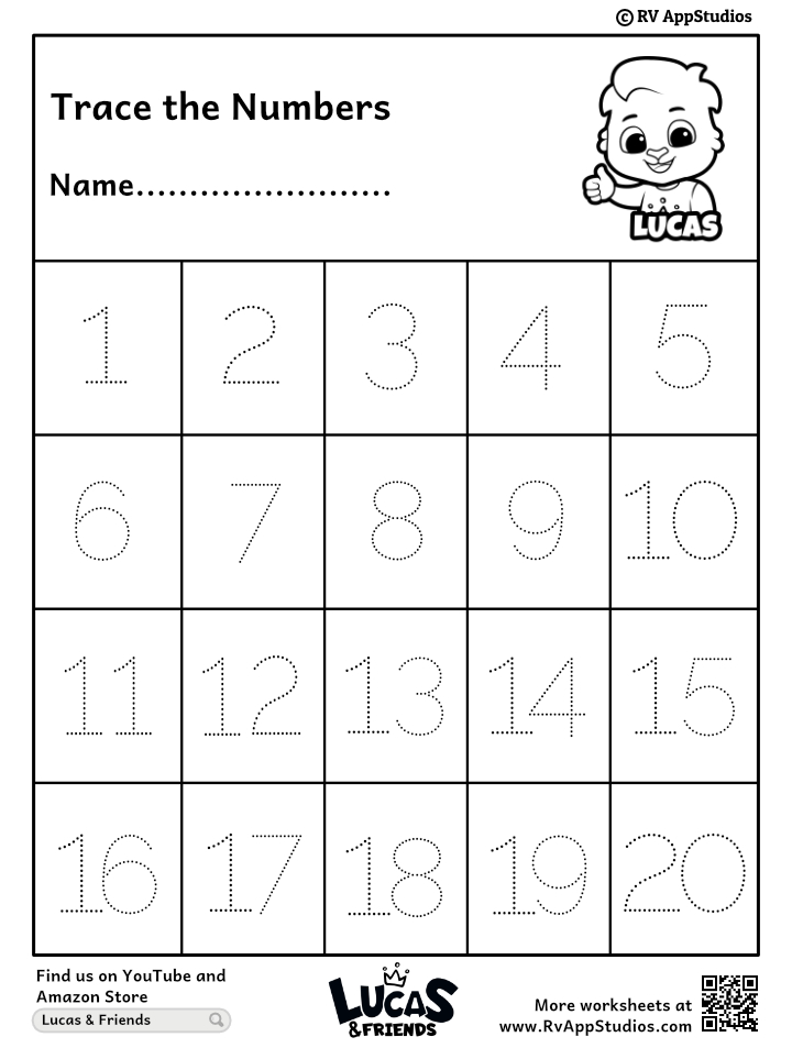 Free Printable Worksheets for Kids - Tracing Numbers 1-20 Worksheets