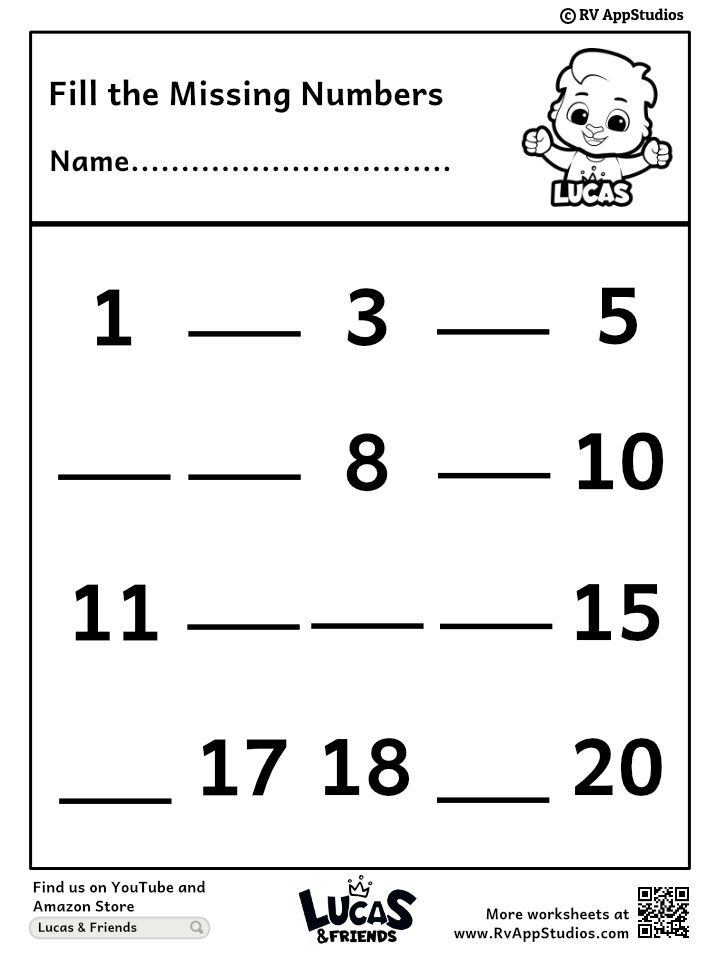 Free Printable Worksheets for Kids - Missing Number Worksheets 1-20