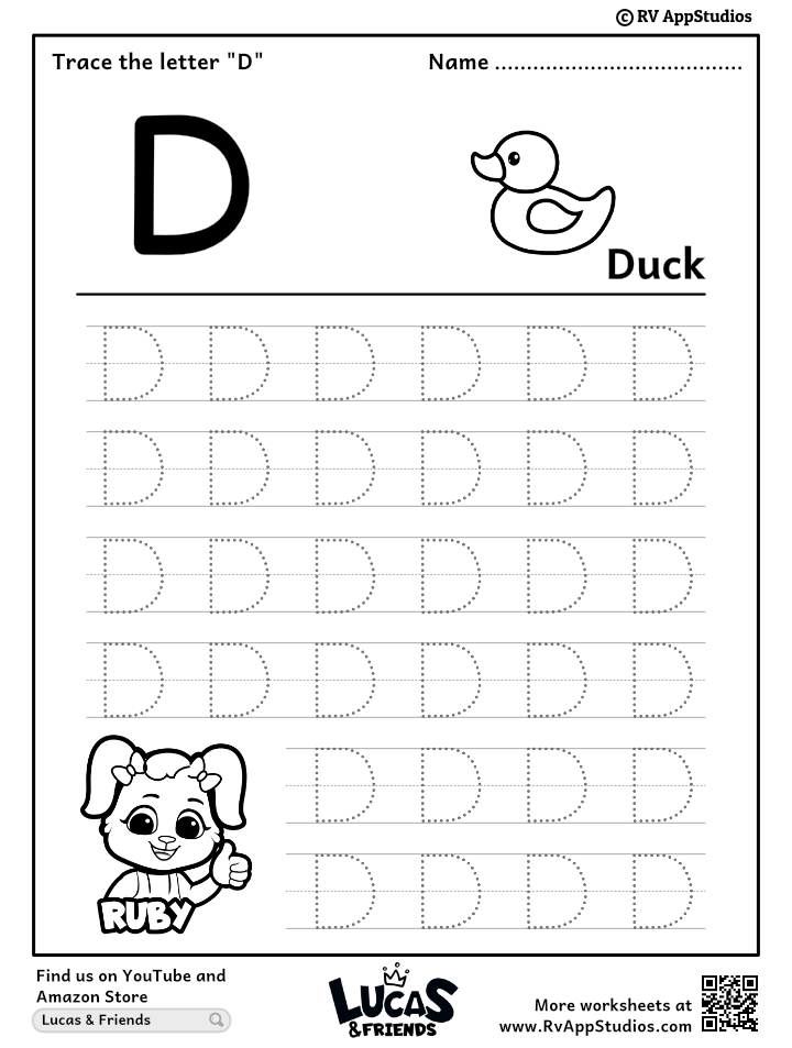 Free Printable Worksheet for Kids - Trace uppercase letter D