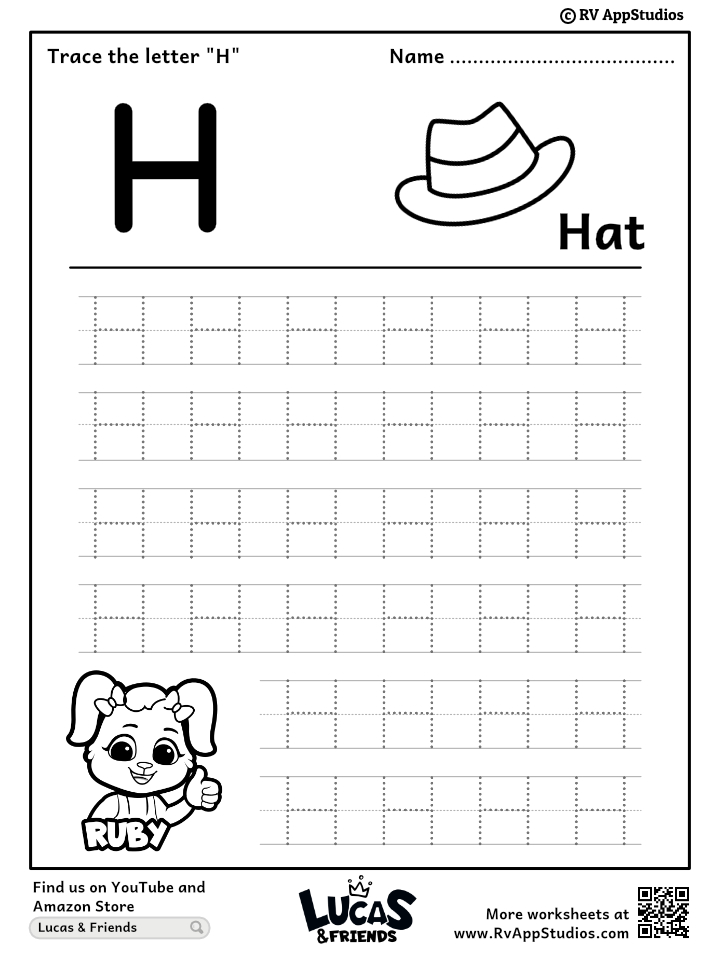 Free Printable Worksheet for Kids - Trace uppercase letter H