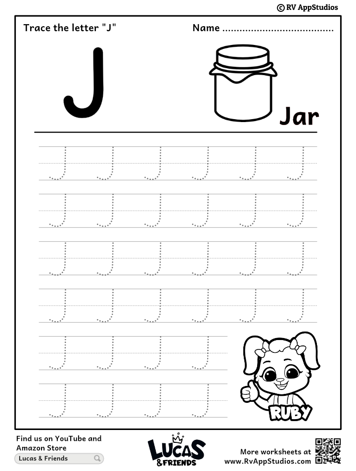 Free Printable Worksheet for Kids - Trace uppercase letter J