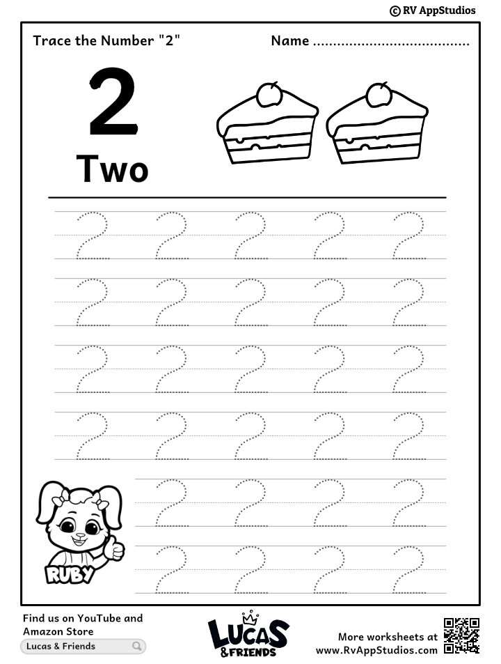 Trace Number '2' Worksheet for FREE for Kids