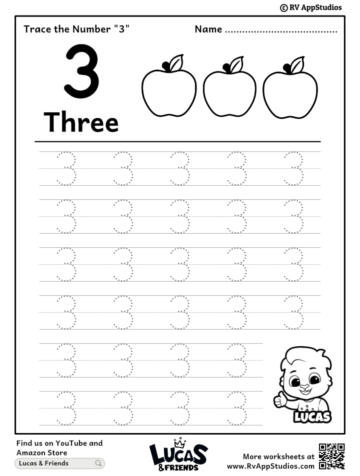 Trace Number '3' Worksheet for FREE for Kids