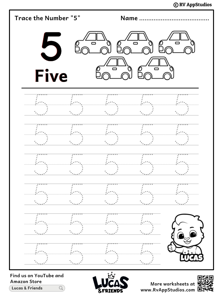 Trace Number '5' Worksheet for FREE for Kids