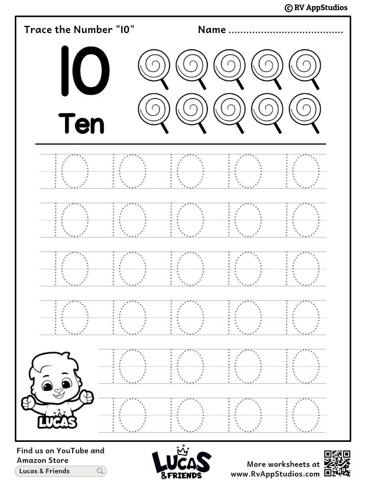 Trace Number '10' Worksheet for FREE for Kids