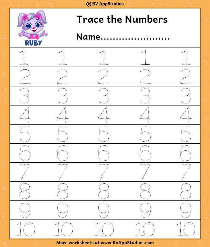 Free Printable Worksheets for Kids - Dotted Numbers to Trace 1-10
