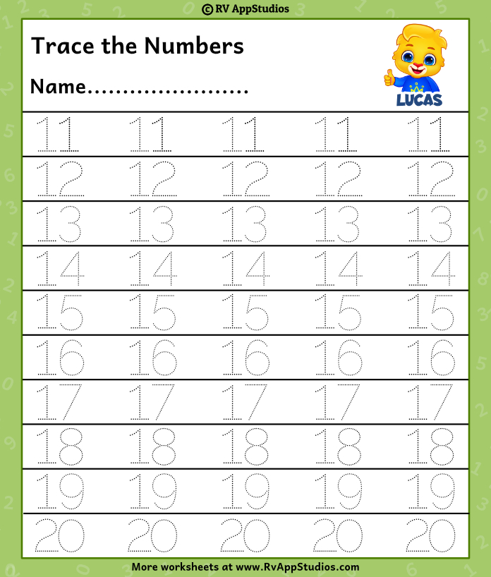 free trace the numbers 11 20 worksheets for kids