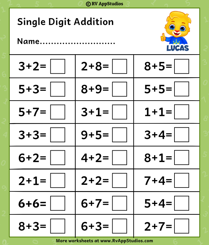 Single Digit Addition Worksheets For Kids