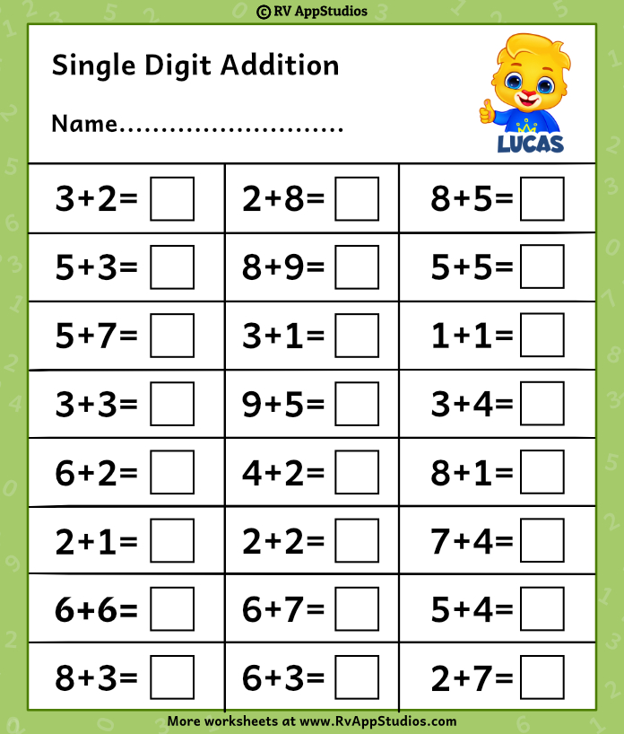 Adding One Digit Numbers Worksheets