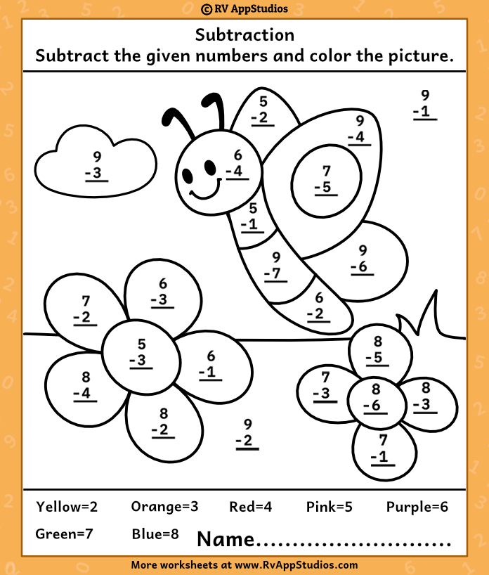Color by subtraction | Free Printable Worksheets for Kids