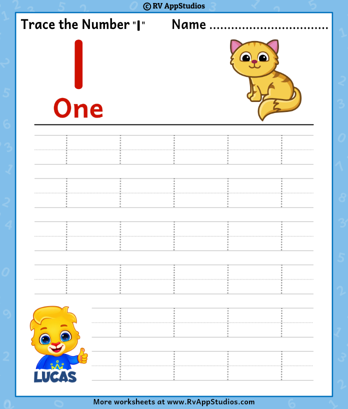 Trace Number '1' Worksheet for FREE for Kids
