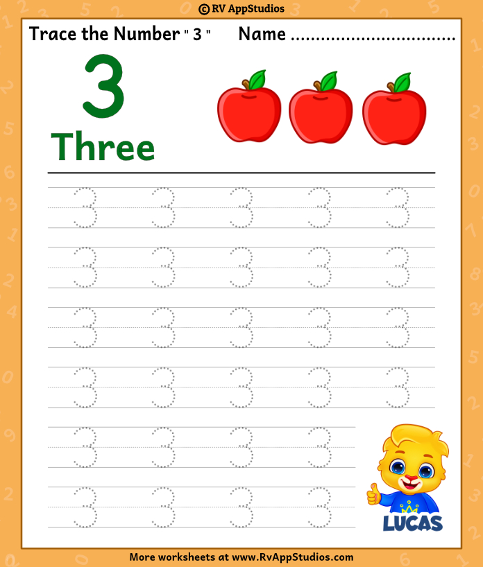 Trace Number 3 Worksheet For Free For Kids