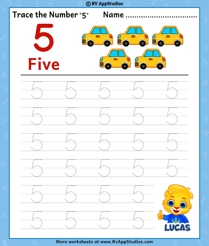 Trace Number '5' Worksheet for FREE for Kids