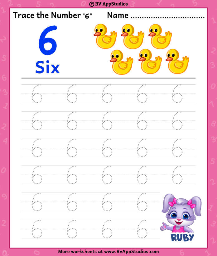 Trace Number 6 Worksheet for FREE for Kids