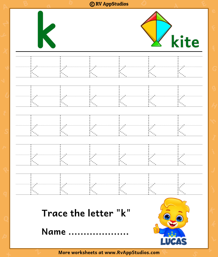 trace lowercase letter k worksheet for free