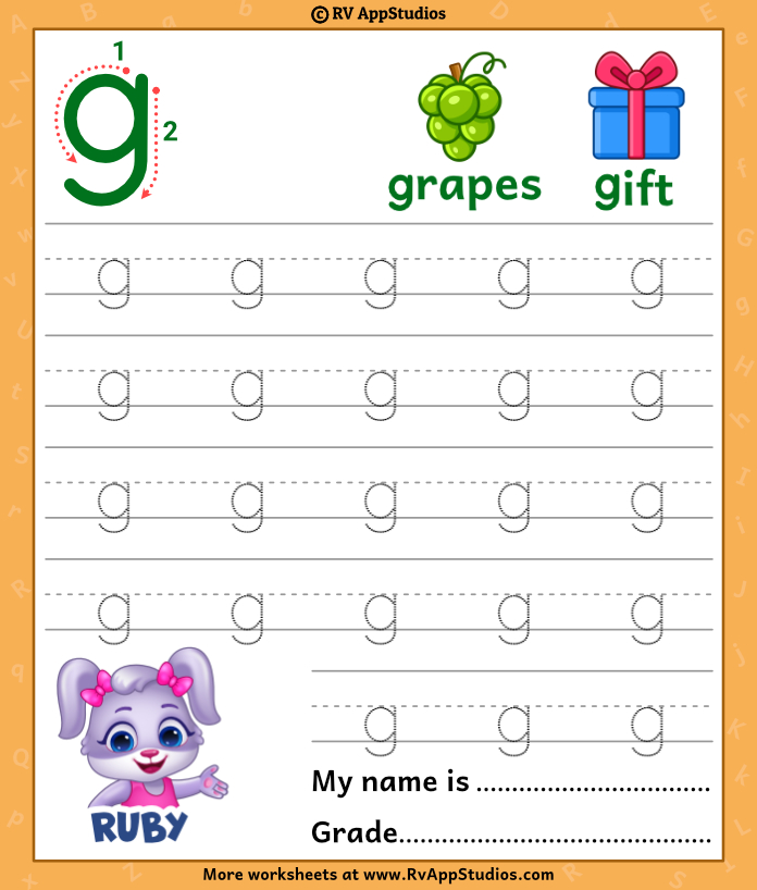 Lowercase Alphabet g Tracing Worksheets | Letter g Trace and Write