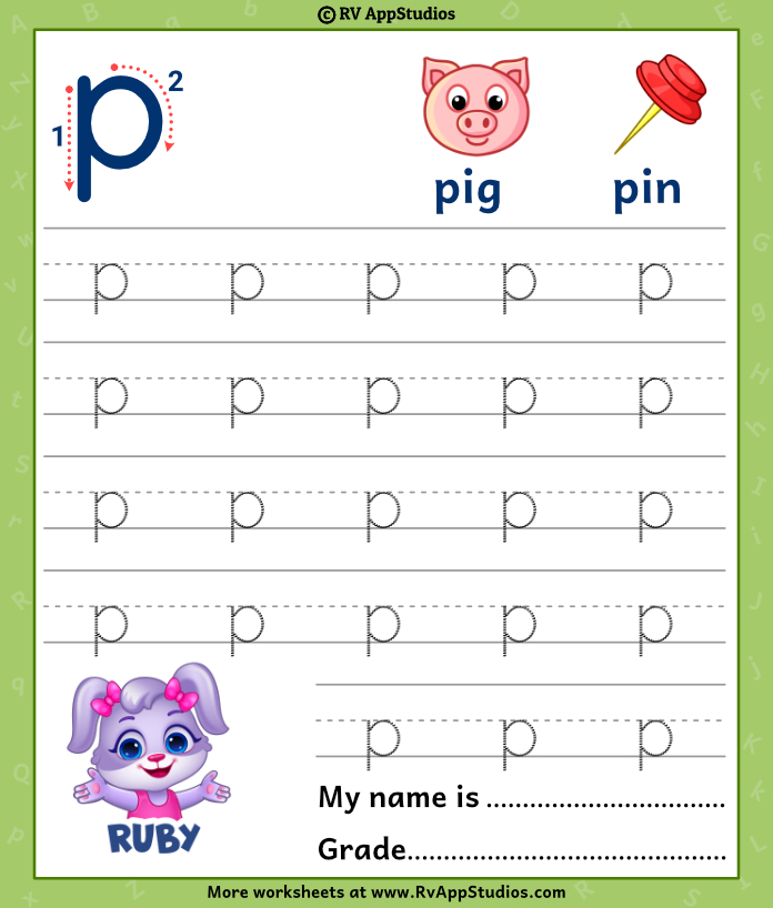 Lowercase Alphabet p Tracing Worksheets | Letter p Trace and Write