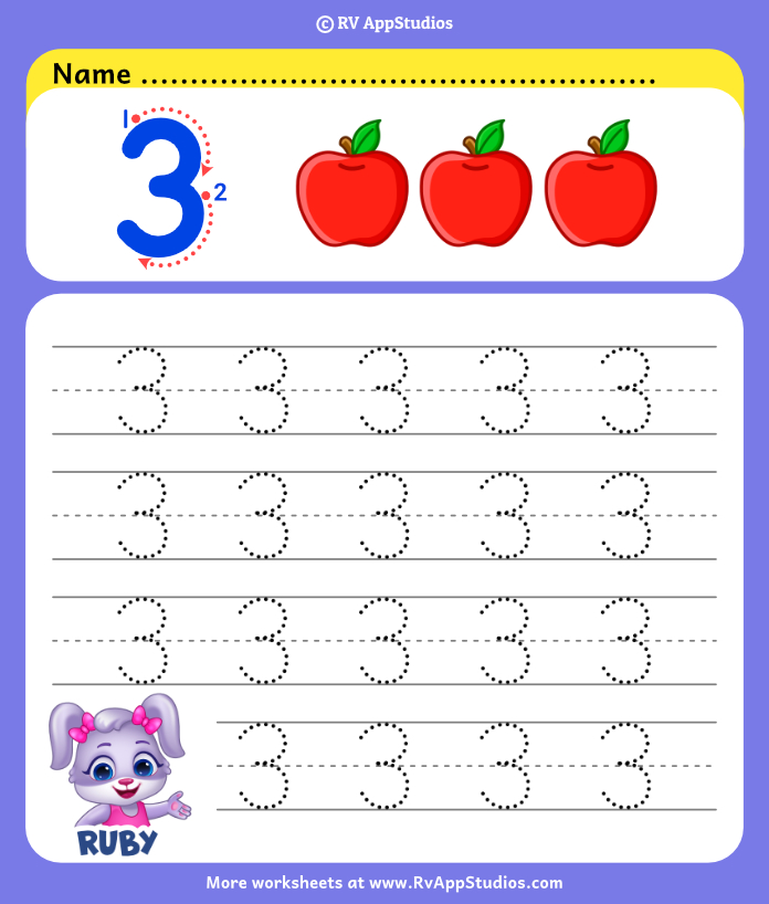 Number 3 Tracing And Colouring Worksheet For Kindergarten Numbers Preschool Kindergarten